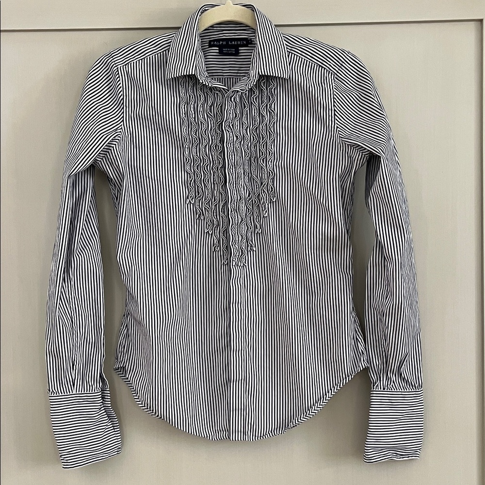 Women’s Ralph Lauren Navy and White Striped Shirt with ruffle panel french cuff